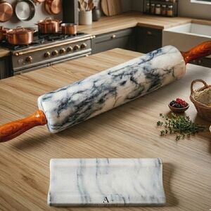 HBC Vintage Marble Rolling Pin with Wood Handles & Cradle Stand